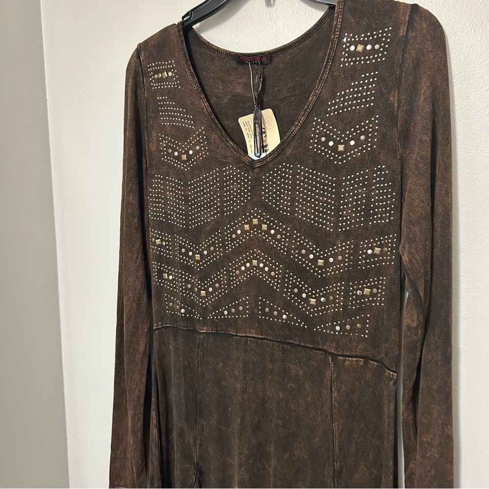 T Party Beaded Embroidered Fringe Mini Dress Mineral Wash Womens M Western Rodeo - Picture 3 of 16